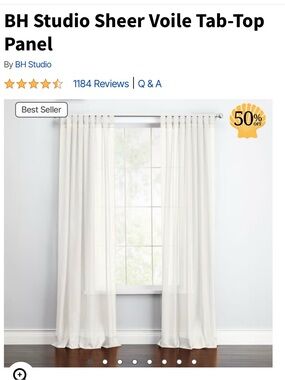 Brylane Home Studio EUC Sheer Voile Tab-Top Panel Curtain in Eggshell